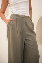 Tailored Linen Set Buttoned Waistcoat & Wide-Leg Trousers - Olive Green