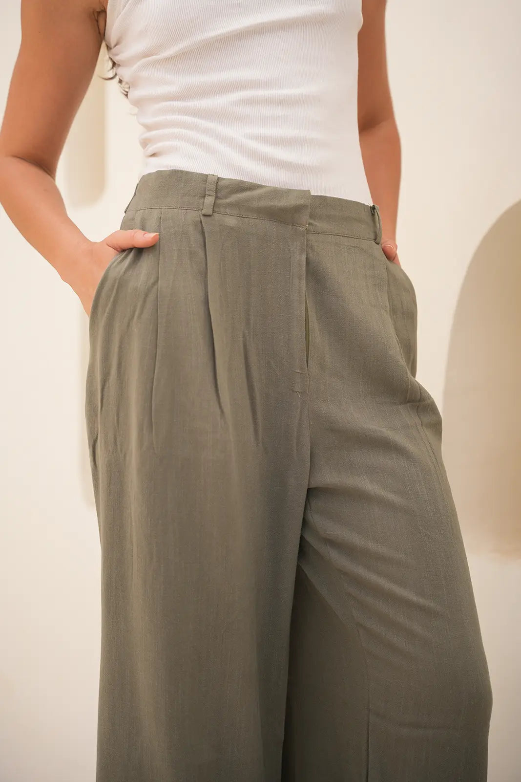 Tailored Linen Set Buttoned Waistcoat & Wide-Leg Trousers - Olive Green