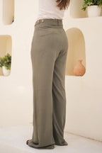 Tailored Linen Set Buttoned Waistcoat & Wide-Leg Trousers - Olive Green
