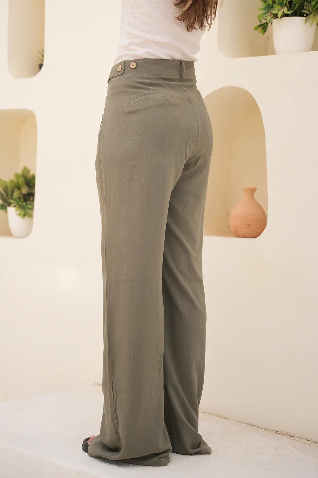 Tailored Linen Set Buttoned Waistcoat & Wide-Leg Trousers - Olive Green