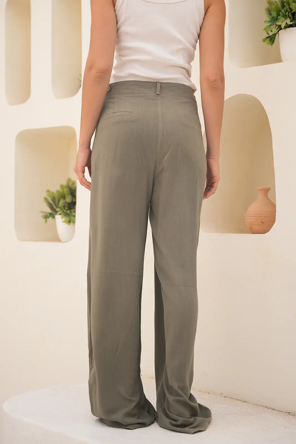 Tailored Linen Set Buttoned Waistcoat & Wide-Leg Trousers - Olive Green