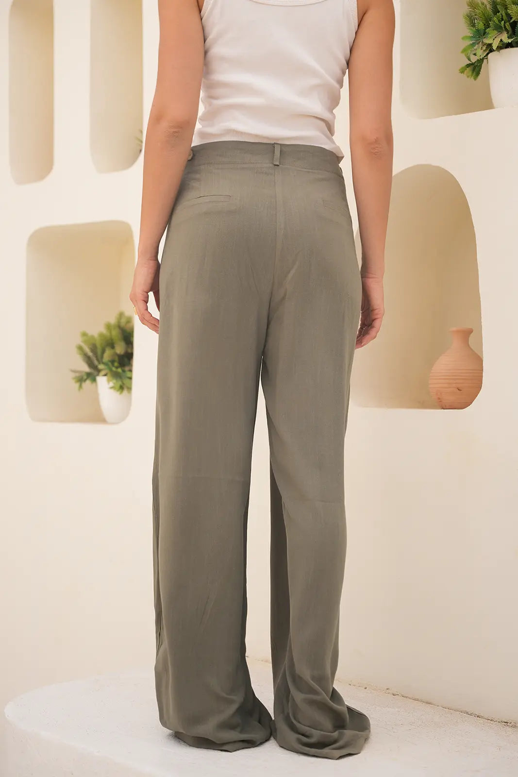 Tailored Linen Set Buttoned Waistcoat & Wide-Leg Trousers - Olive Green
