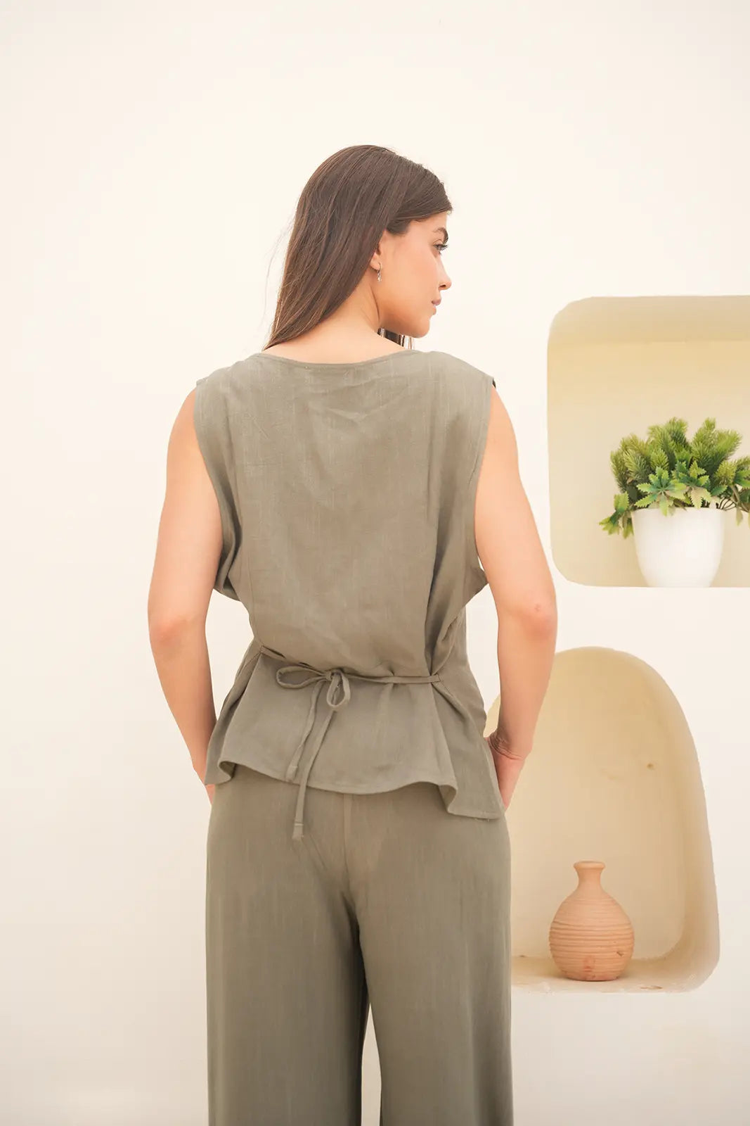 Tailored Linen Set Buttoned Waistcoat & Wide-Leg Trousers - Olive Green