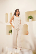 Tailored Linen Set Buttoned Waistcoat & Wide-Leg Trousers - Desert Sand