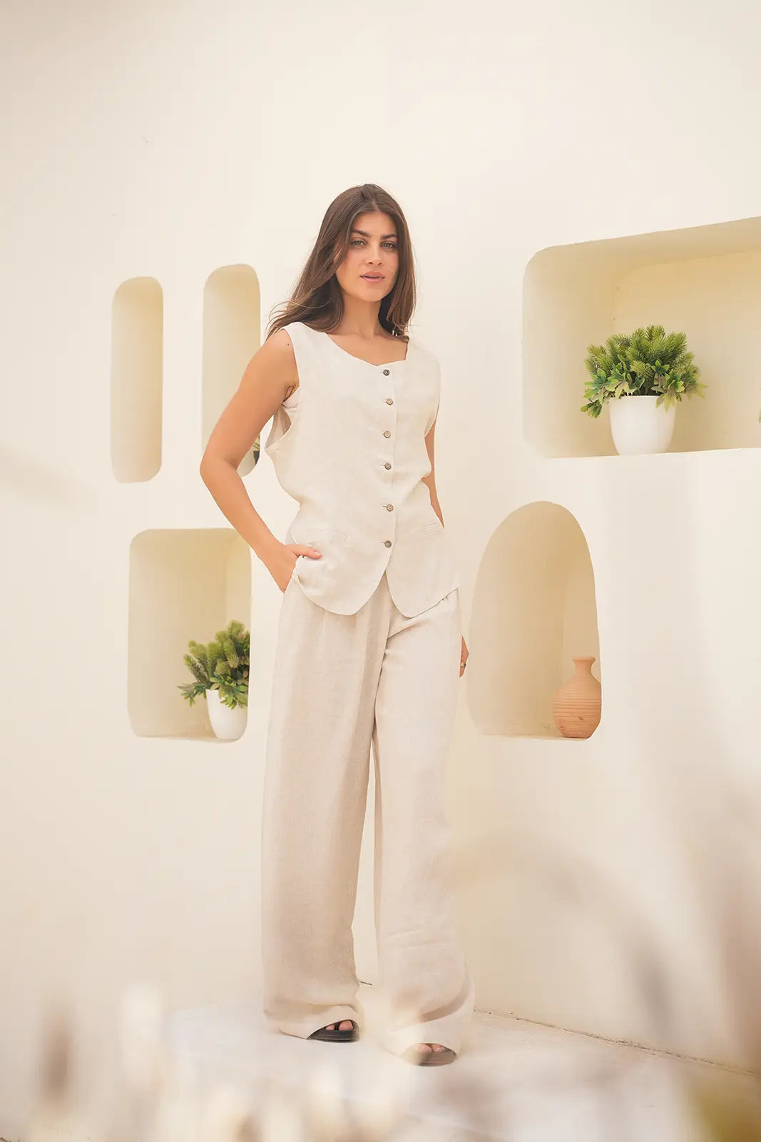 Tailored Linen Set Buttoned Waistcoat & Wide-Leg Trousers - Desert Sand