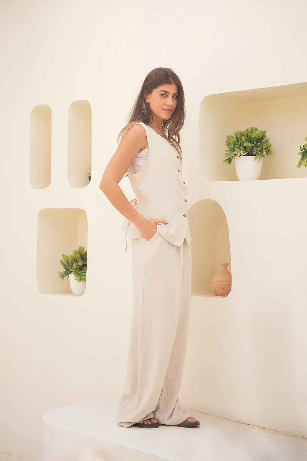 Tailored Linen Set Buttoned Waistcoat & Wide-Leg Trousers - Desert Sand