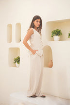 Tailored Linen Set Buttoned Waistcoat & Wide-Leg Trousers - Desert Sand
