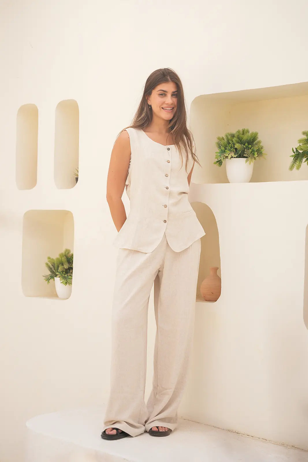 Tailored Linen Set Buttoned Waistcoat & Wide-Leg Trousers - Desert Sand
