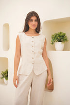 Tailored Linen Set Buttoned Waistcoat & Wide-Leg Trousers - Desert Sand