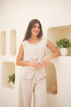 Tailored Linen Set Buttoned Waistcoat & Wide-Leg Trousers - Desert Sand