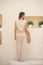 Tailored Linen Set Buttoned Waistcoat & Wide-Leg Trousers - Desert Sand