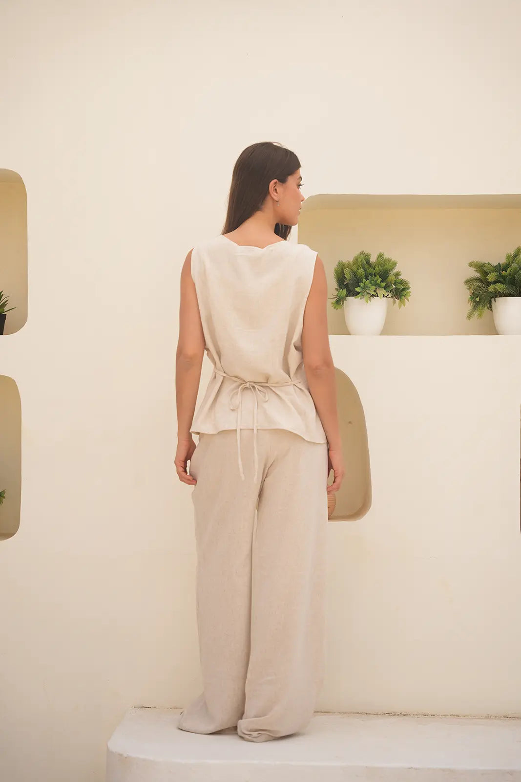 Tailored Linen Set Buttoned Waistcoat & Wide-Leg Trousers - Desert Sand