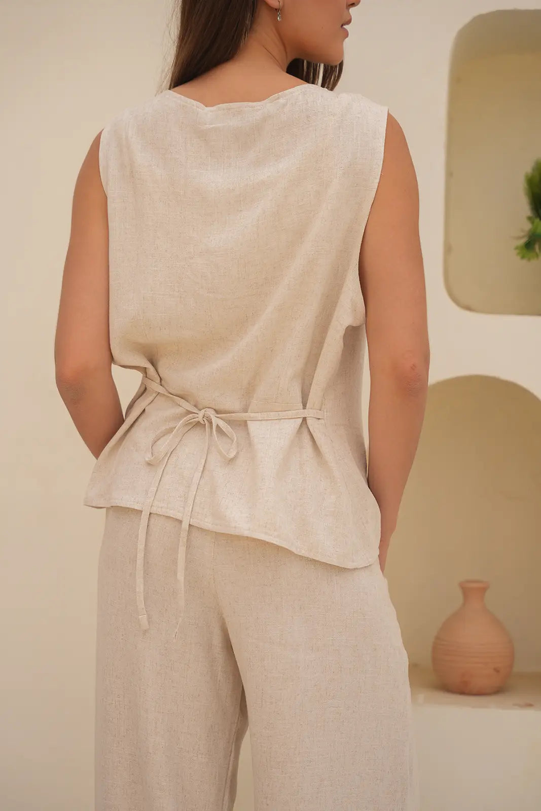 Tailored Linen Set Buttoned Waistcoat & Wide-Leg Trousers - Desert Sand