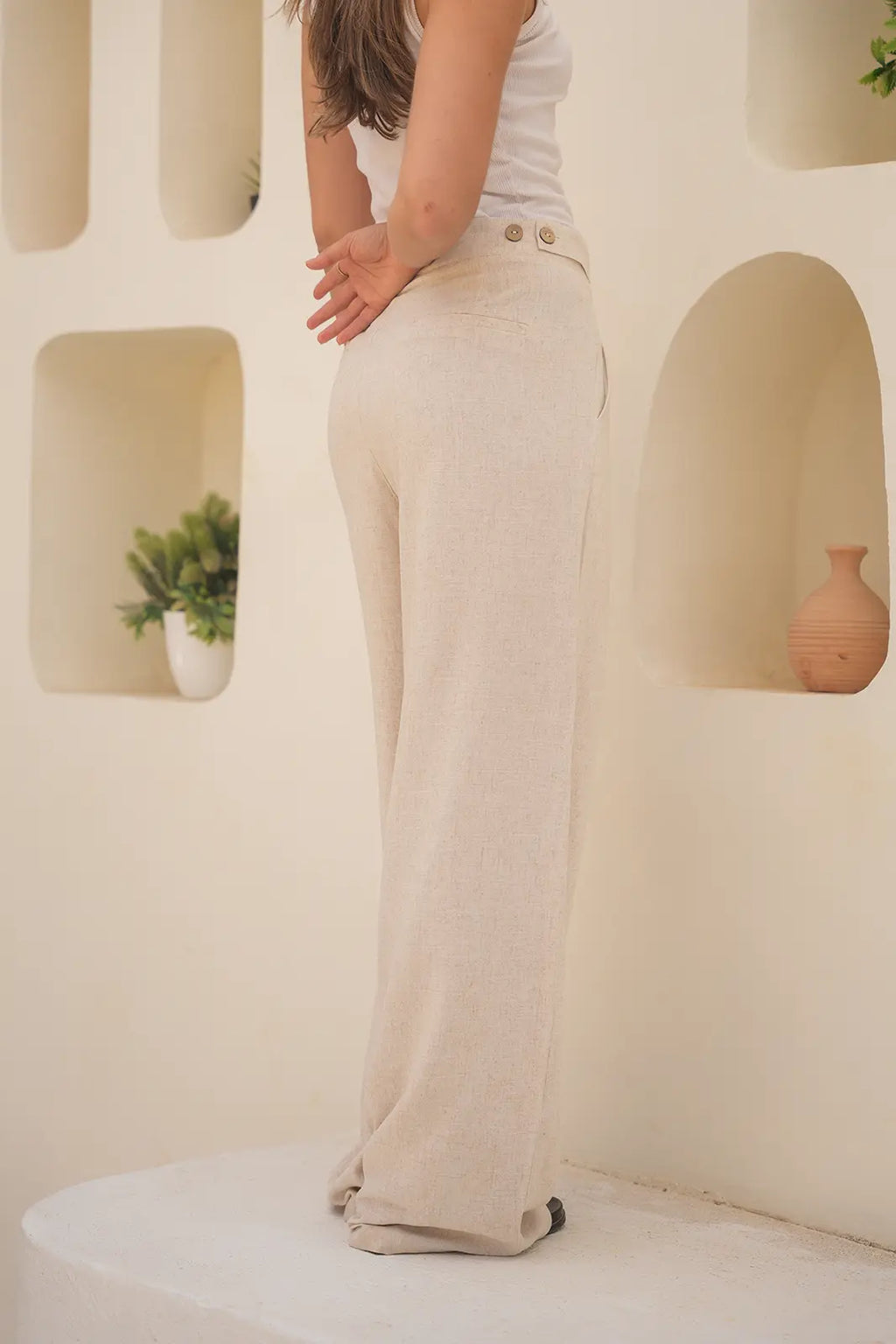 Tailored Linen Set Buttoned Waistcoat & Wide-Leg Trousers - Desert Sand