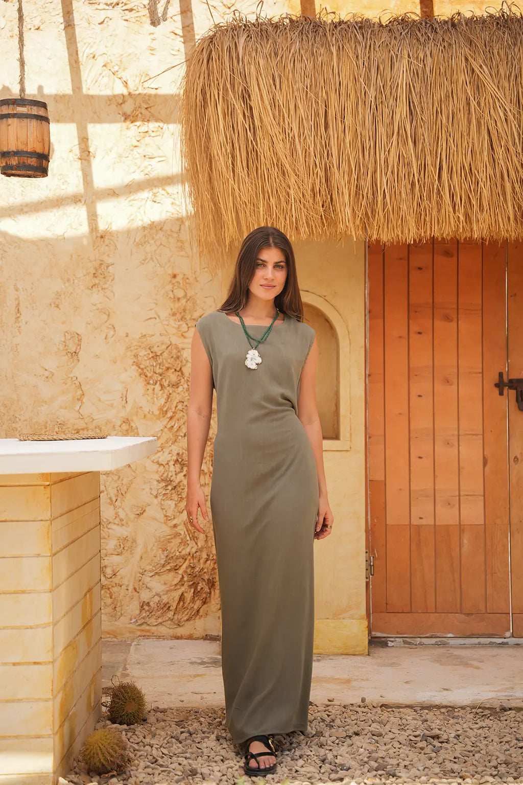 Linen Maxi Amalfi Dress with matching Capri Shirt - Olive Grove