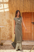 Linen Maxi Amalfi Dress with matching Capri Shirt - Olive Grove