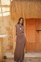 Linen Maxi Amalfi Dress with matching Capri Shirt - Café Mocha