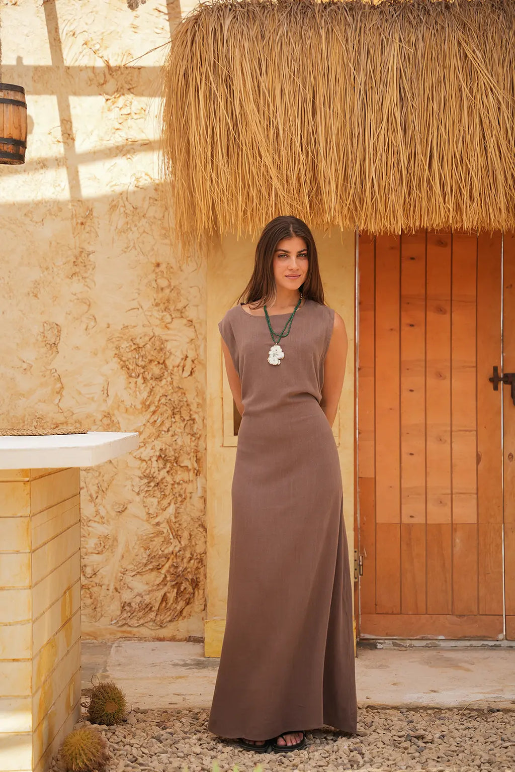 Linen Maxi Amalfi Dress with matching Capri Shirt - Café Mocha