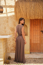 Linen Maxi Amalfi Dress with matching Capri Shirt - Café Mocha