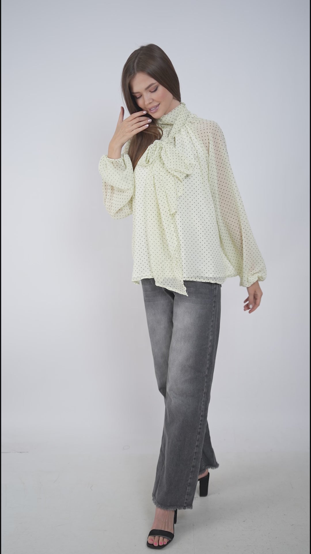 Elegant Polka Neck-Tie Blouse -Butter Yellow